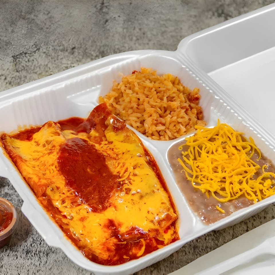 Juanitas III enchiladas with rice and refried beans, topped with cheese, in a white takeout container.